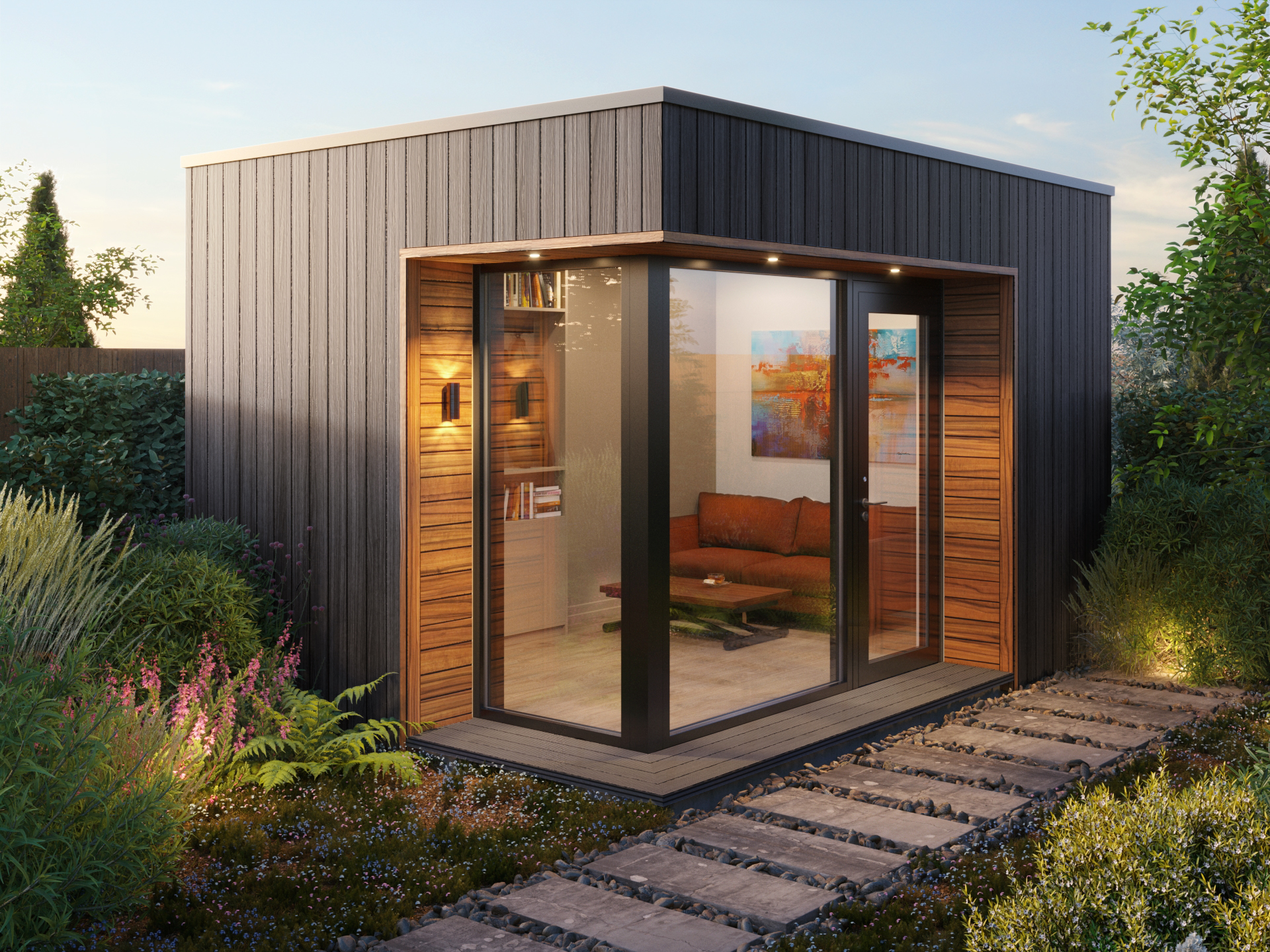 A contemporary Shomera 14 garden studio with deep overhangs