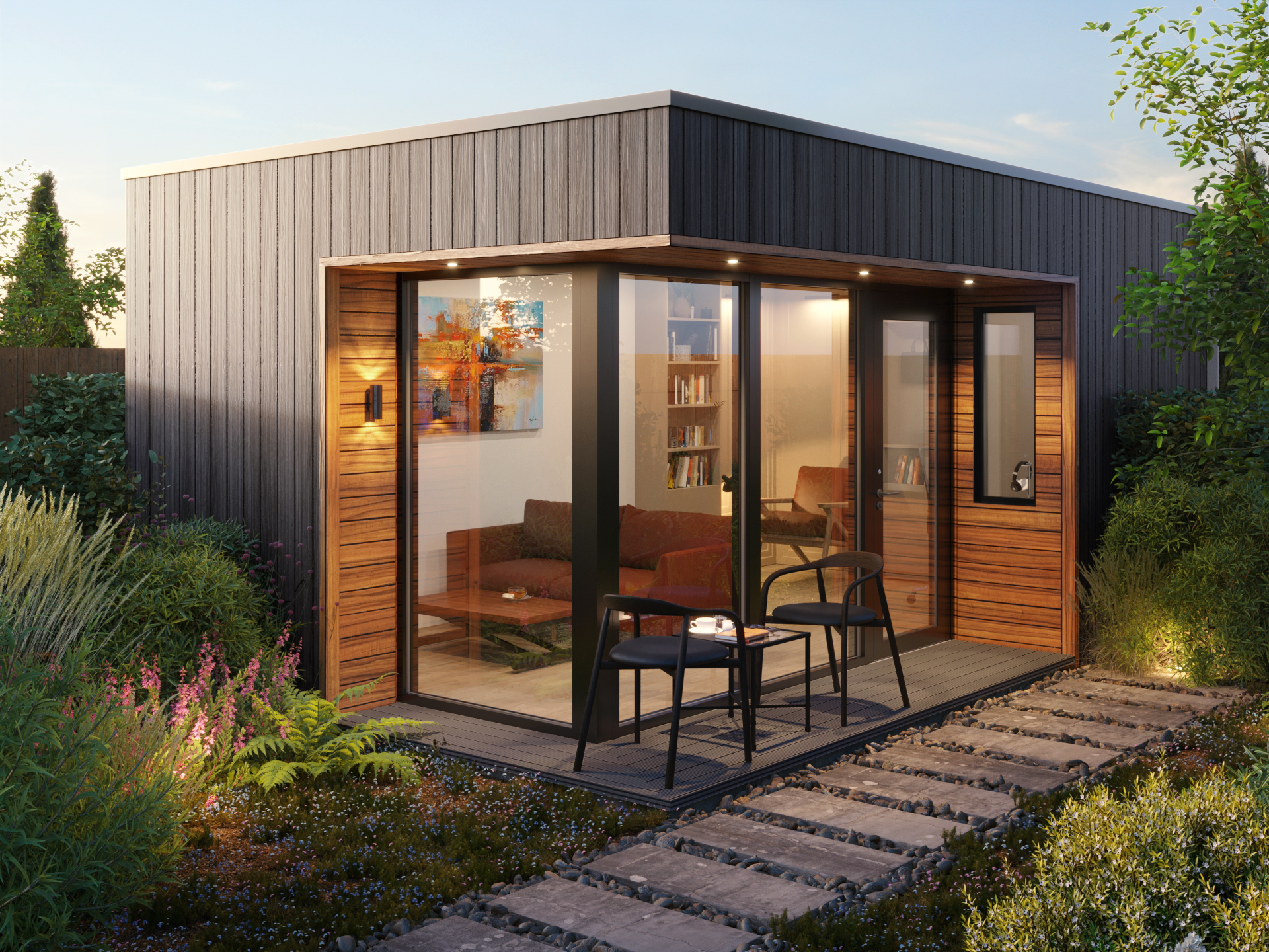 A contemporary Shomera garden studio with clean lines and deep overhangs