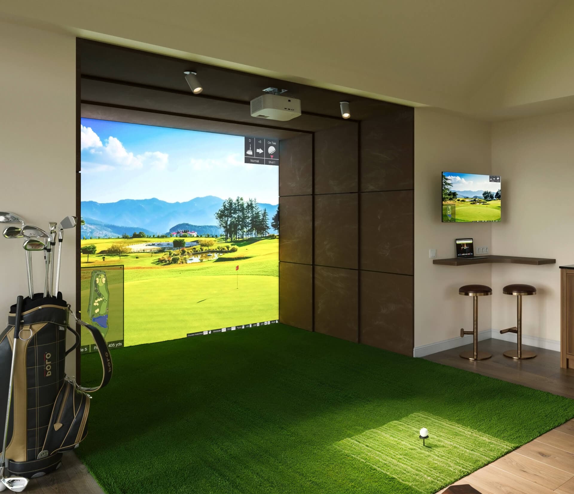The interior of a Shomera Golf Studio with a golf simulator screen, strike mat and clubs