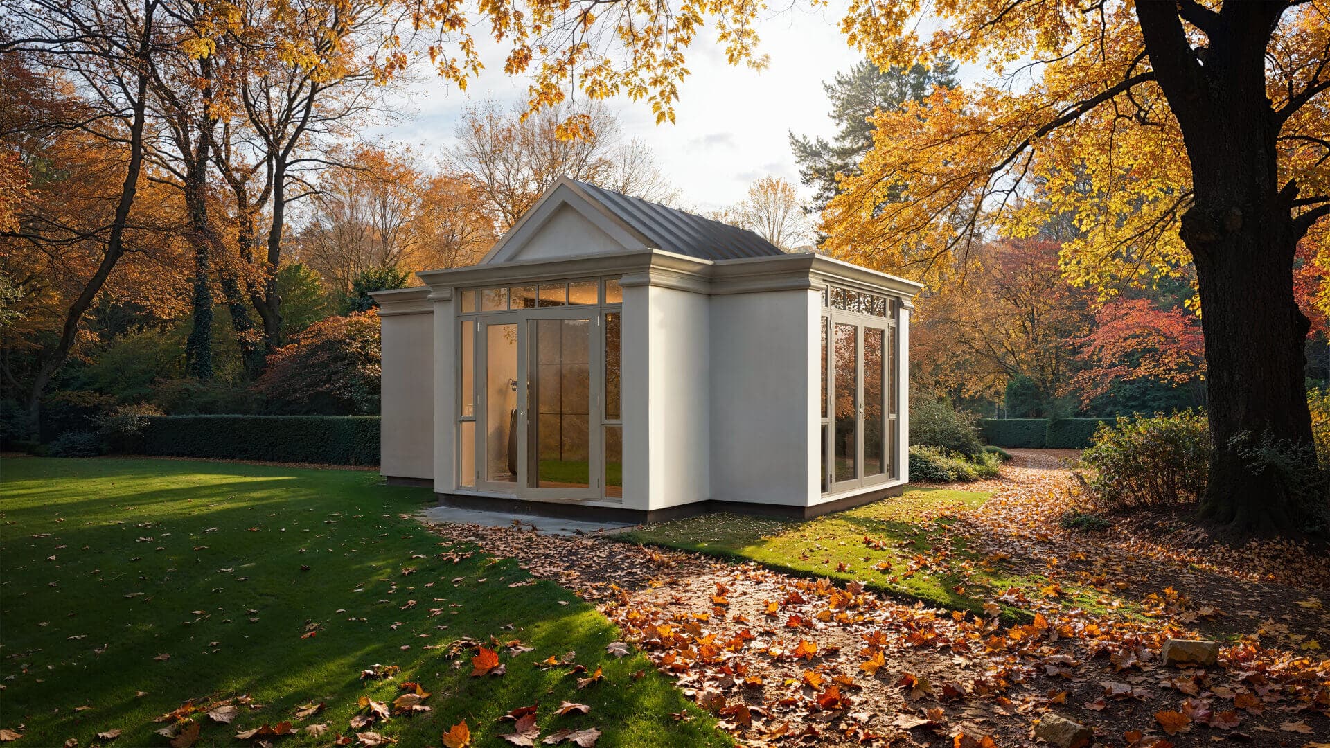 A premium Shomera For Life limited edition garden studio in a mature garden