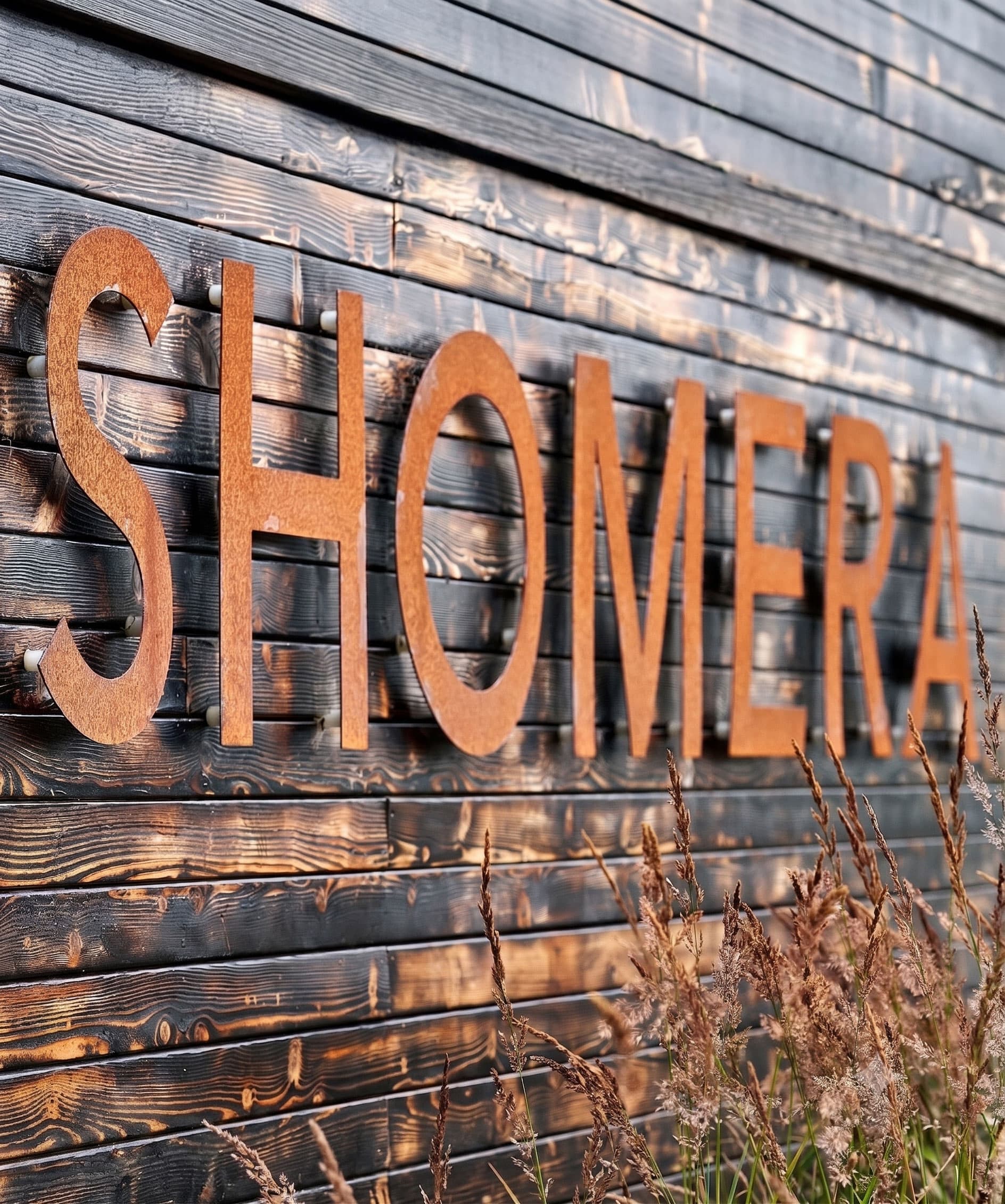 The Shomera sign on charred-timber cladding