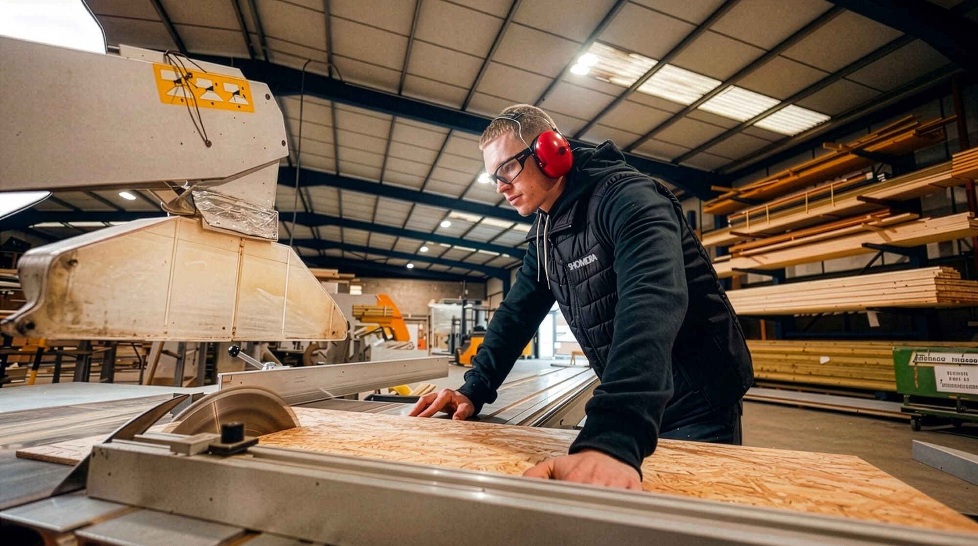 A Shomera joiner in ear defenders and safety glasses guiding a board through a panel saw, with timber stacked in the workshop behind