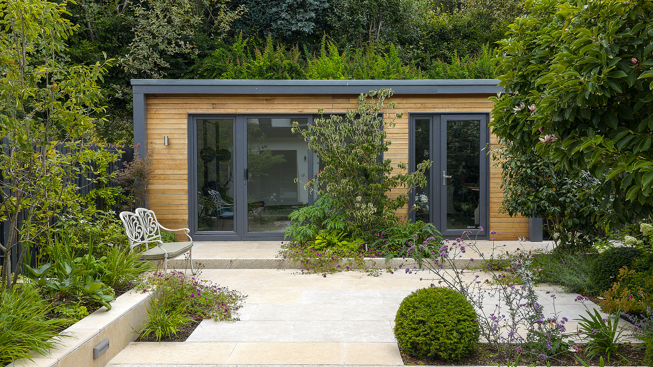 Aerial view of the completed Hillside home, extensions and garden studio