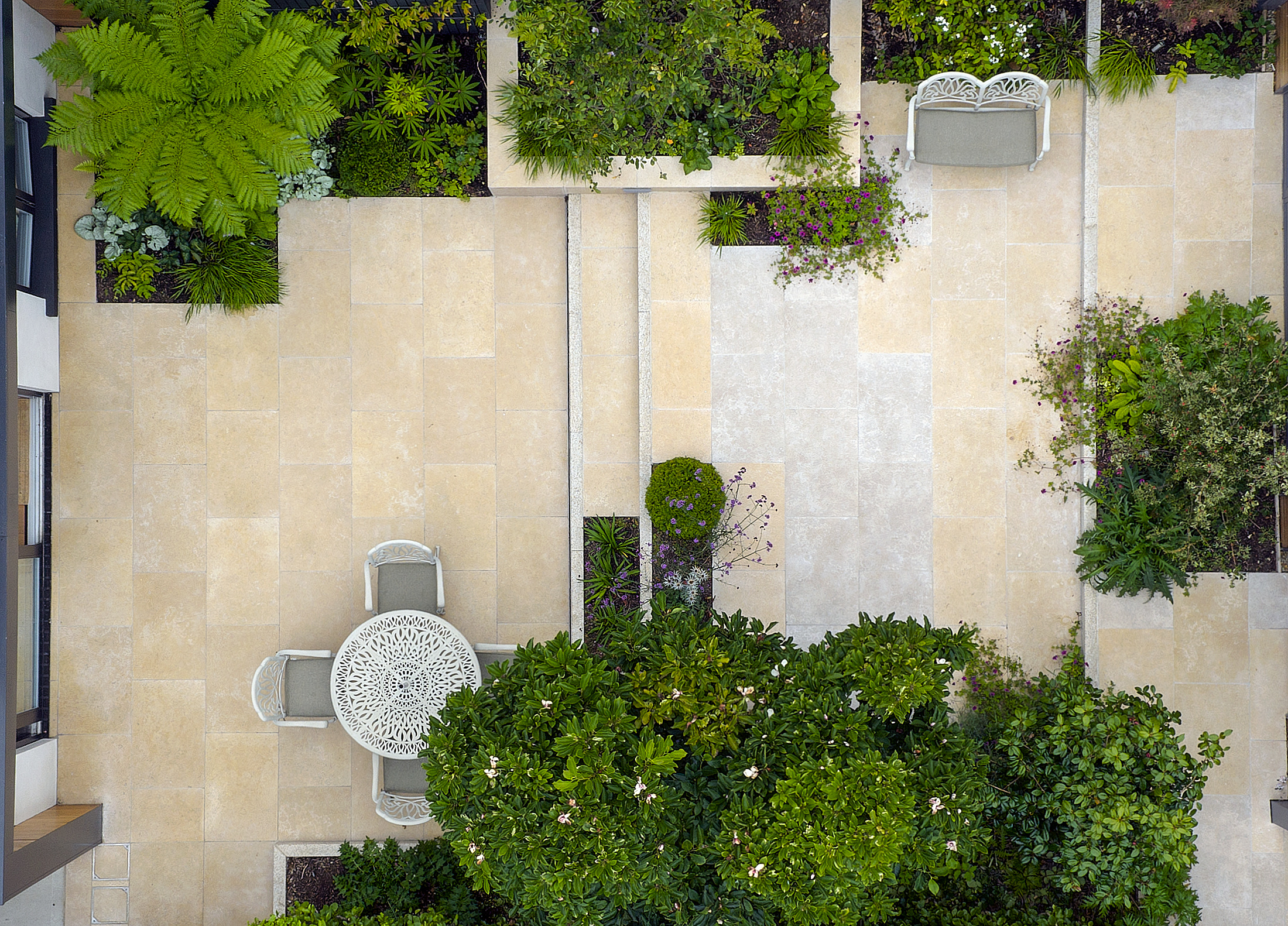 Aerial view of the Hillside property and its landscaped garden