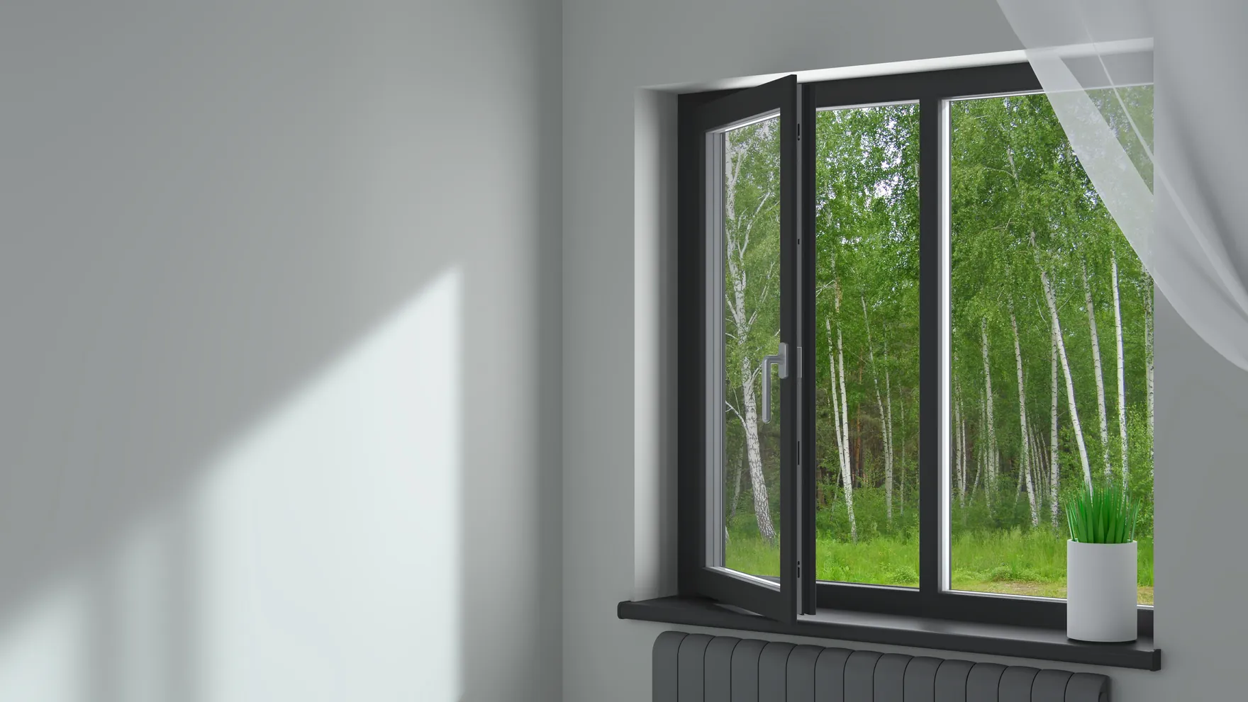 A dark-framed window, partly open, looking out onto trees