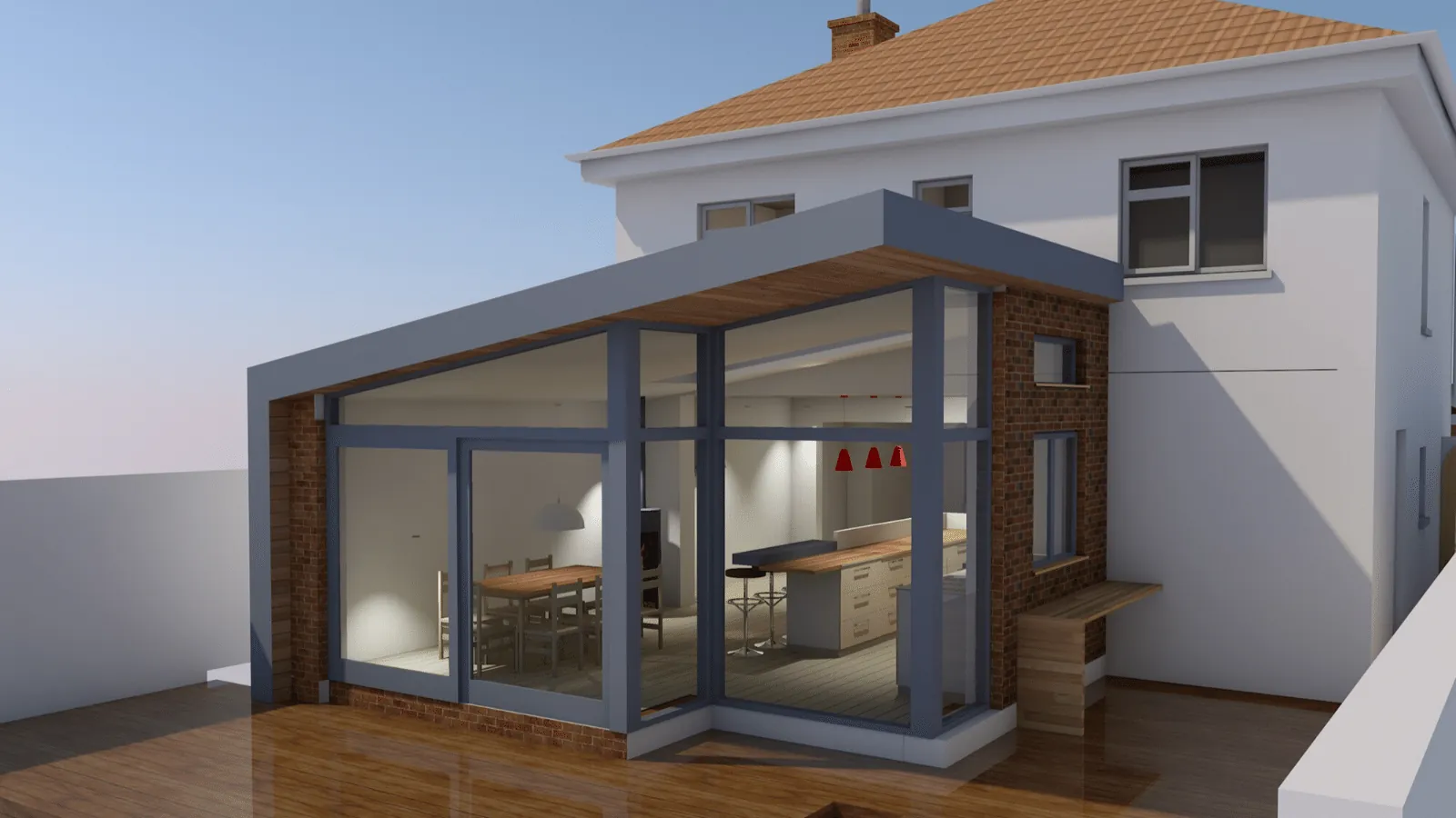 A 3D render of a house extension with a mono-pitch roof and glazed corner on the back of a two-storey house