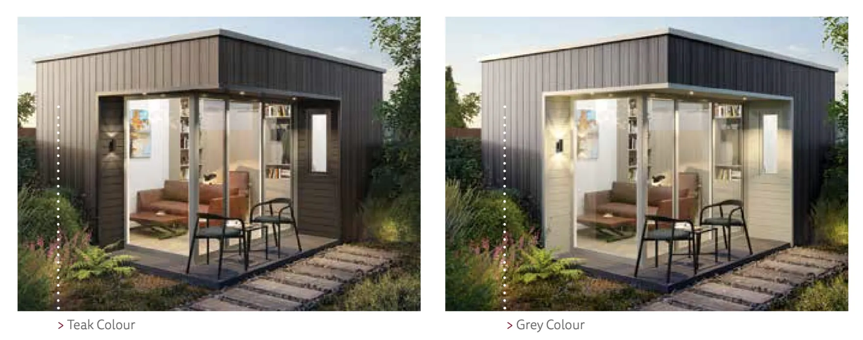 Two renders of the same small garden studio, one labelled Teak Colour and one labelled Grey Colour
