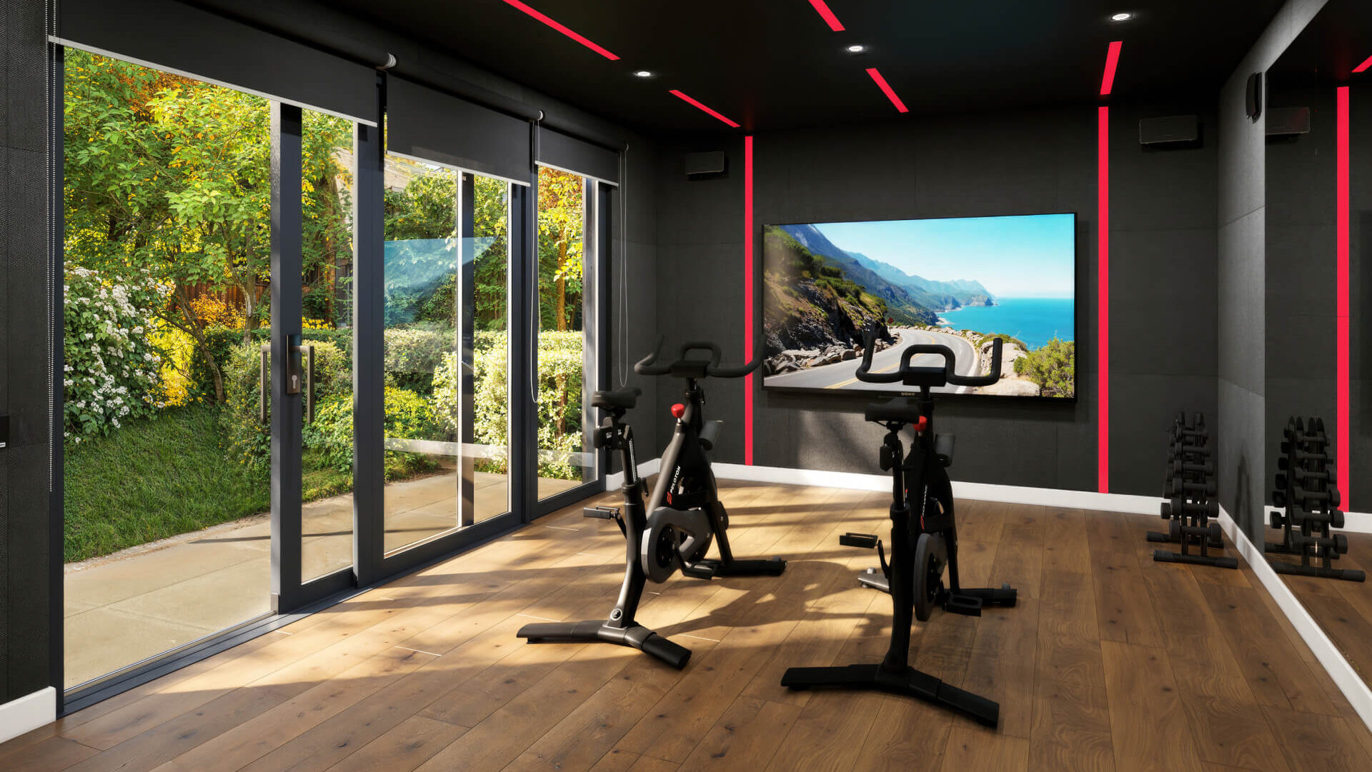 Featuring an 85” 4K TV, neon ceiling lighting, and Sonos surround sound for a fully immersive workout experience.
