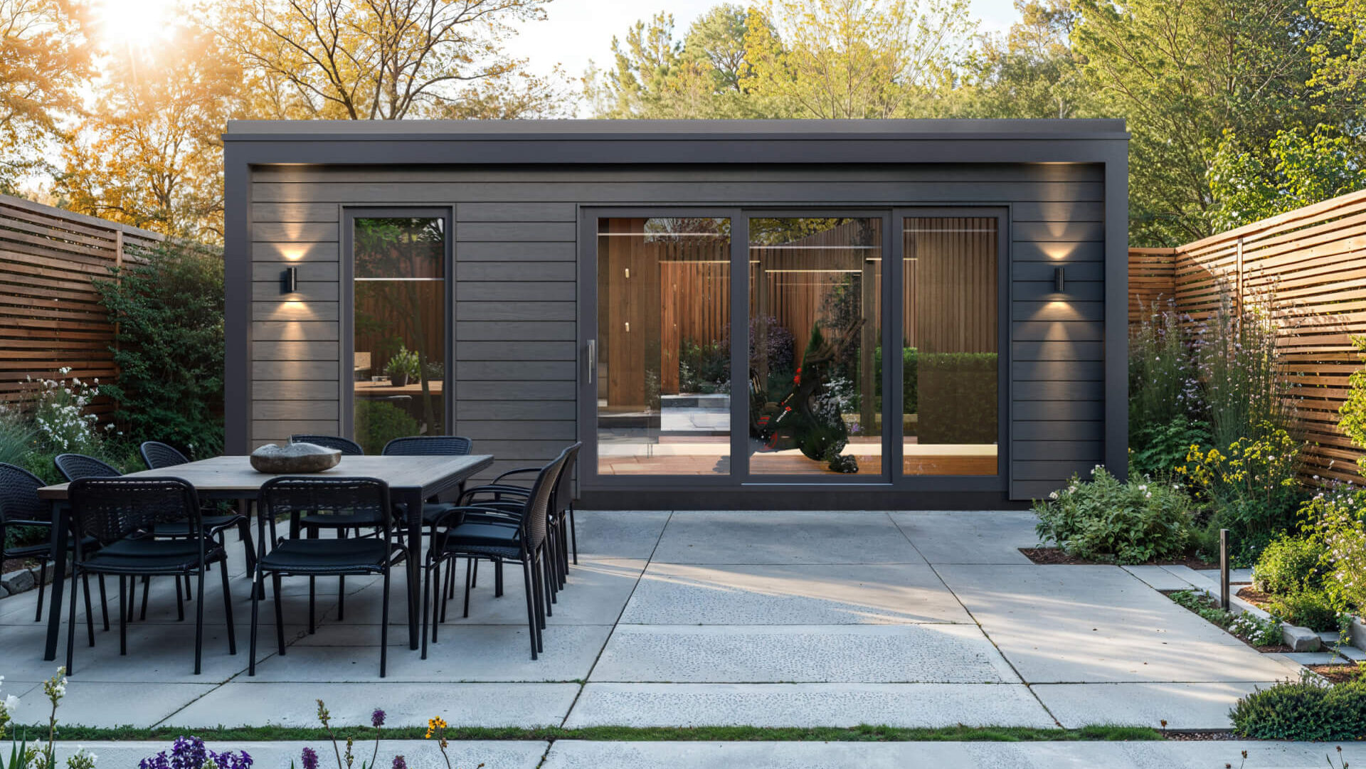 Ultrashield ebony composite cladding and powder-coated aluminium fascia create a sleek, weather-resistant exterior.