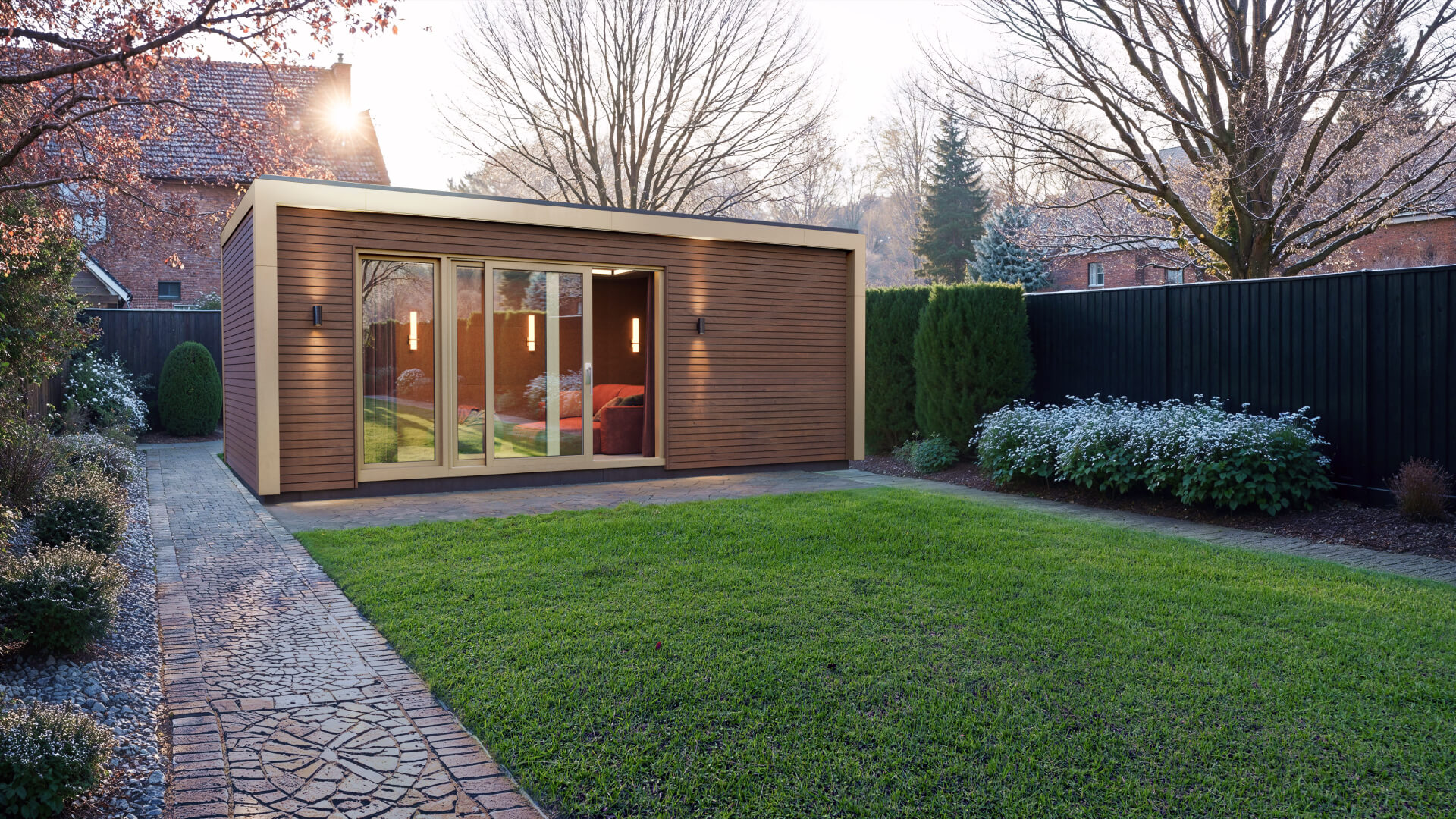 Walnut composite cladding and pearl beige joinery create a modern, durable exterior, complemented by a 20-year guaranteed roof.