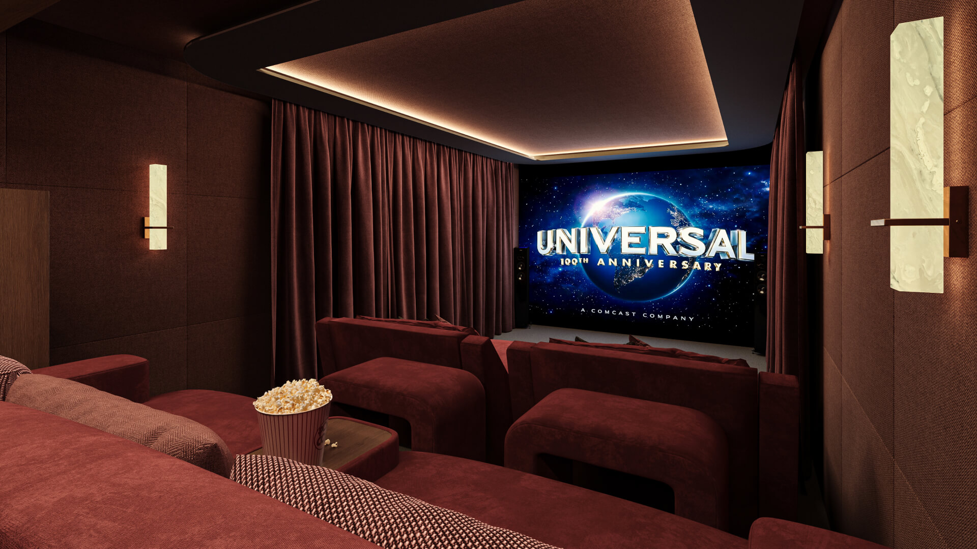Tiered seating with integrated LED strip lighting and recessed blackout curtains offer a true cinematic feel.