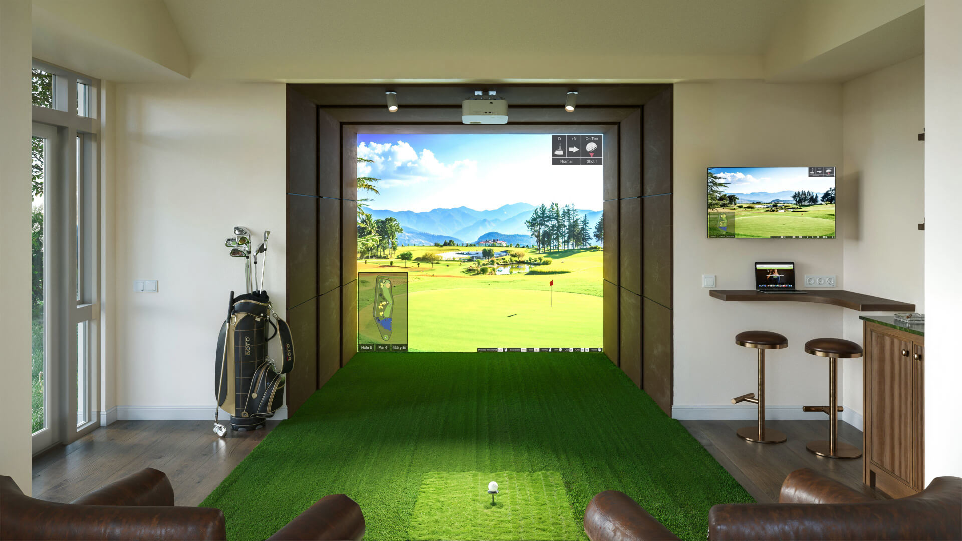 Pro-grade golf simulator with ultra-impact screen and launch monitor.